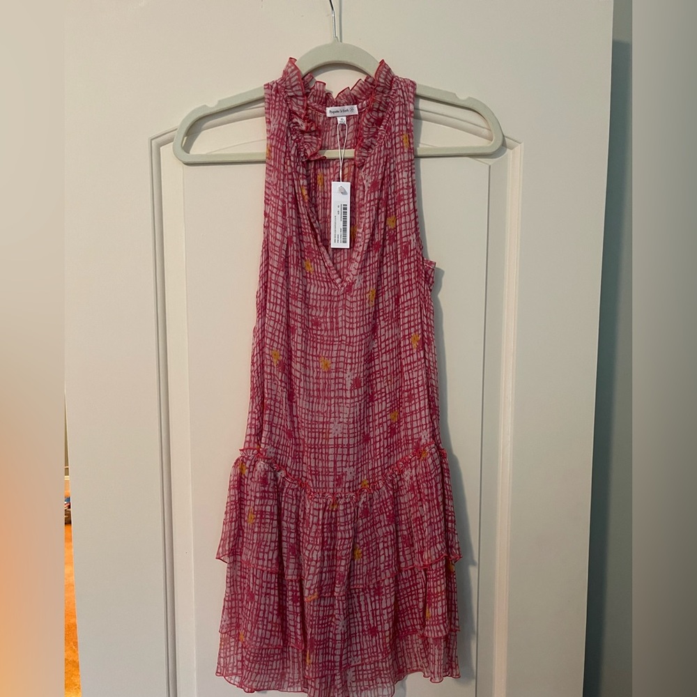 Poupette St Barth mini dress Elise ruffled silk crinkle print XS pink maze